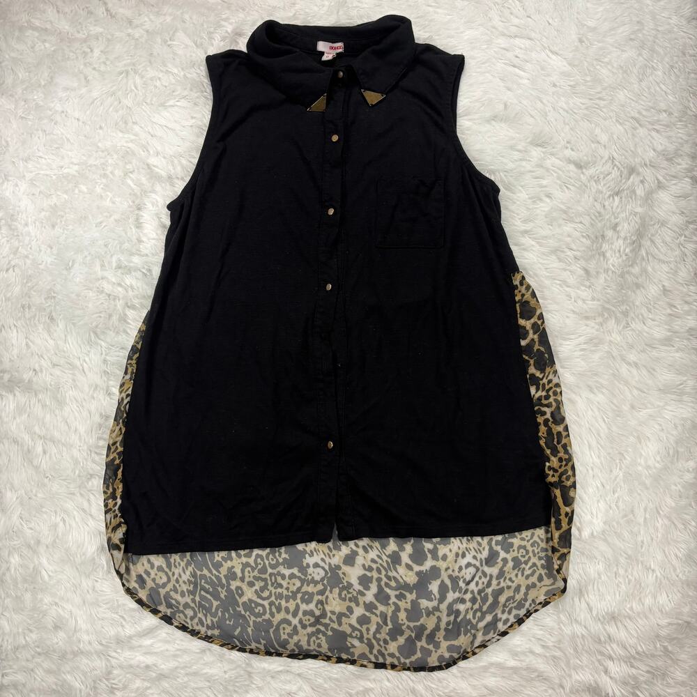Leopard Print High Low Sleeveless Top Size M Black Chiffon Button Up Shirt